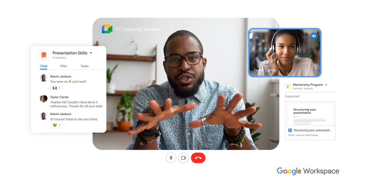 Google Meet interface showing hybrid work meeting setup