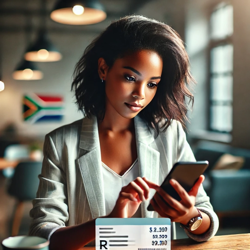 Young female South African professional focused on her device with a concentrated expression